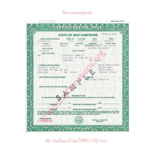 This is an Example of New Hampshire Certificate of Title (TDMV1, 7-02) Front View | Kids Car Donations